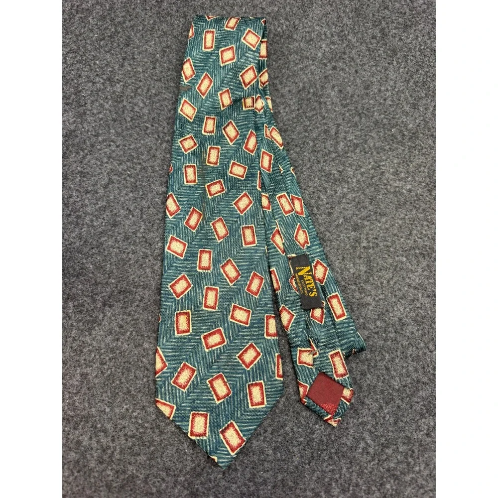 Altea Milano Silk Tie Italy Teal Green Geometric Burgundy Nate's Clothing Mens